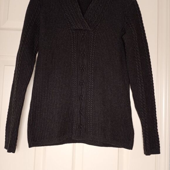 NAUTICA Women’s M Pullover Sweater Cable Knit Chunky Shawl V-Neck Cotton Dk Gray - Picture 1 of 9